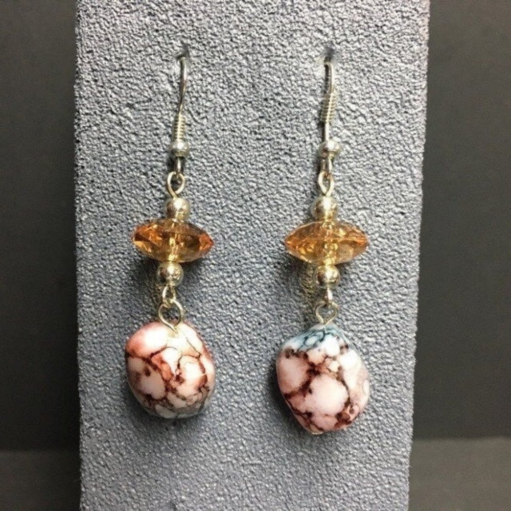 Purple Amber Dangle Earrings Faceted Stone Marbled Silver Hook